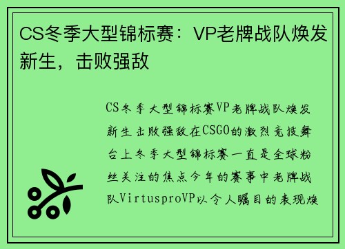 CS冬季大型锦标赛：VP老牌战队焕发新生，击败强敌
