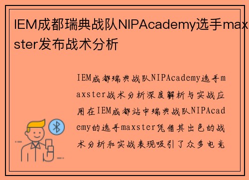 IEM成都瑞典战队NIPAcademy选手maxster发布战术分析